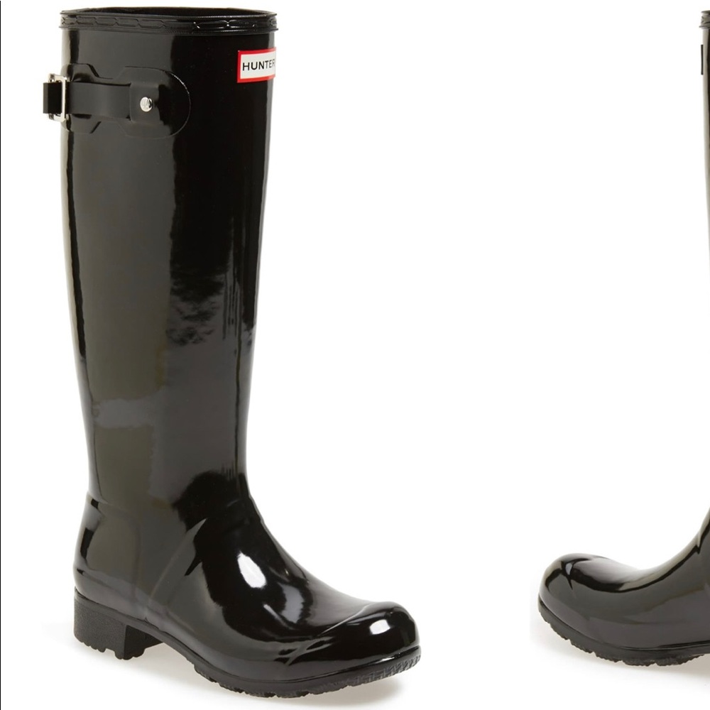 Black tall glossy hunter boots